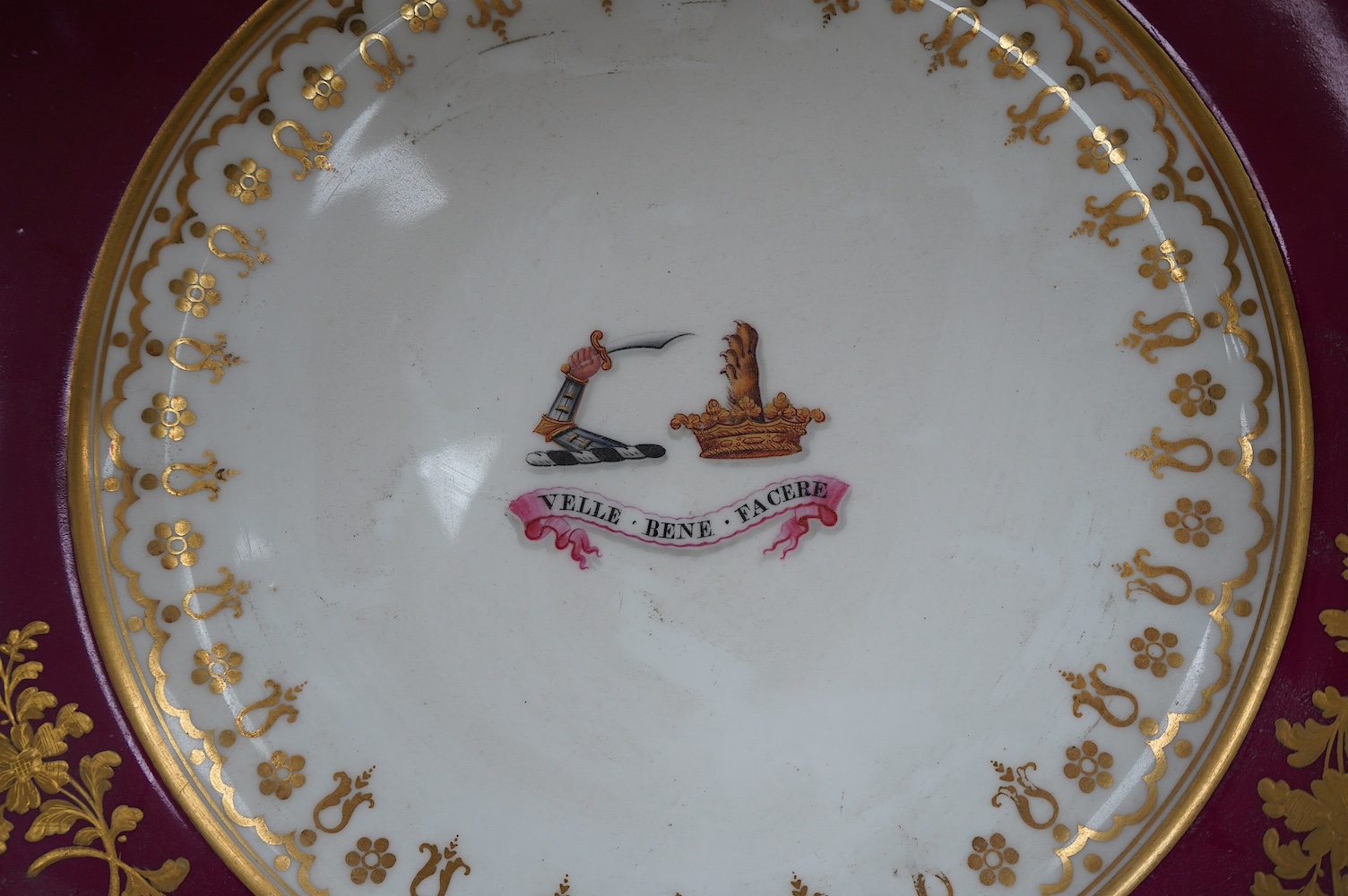 A pair of French armorial plates, Daniell London, 26cm in diameter. Condition - good, some minor wear